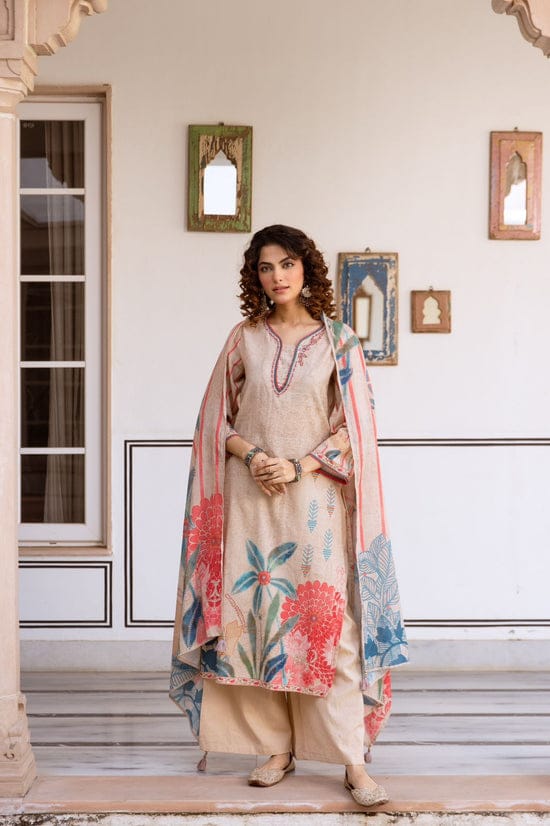 Naisha Linen Cotton With Embroidered Kurti With Bottom Dupatta - Image 1