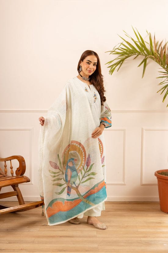 Naisha Linen Cotton With Embroidered Kurti With Bottom Dupatta - Image 1